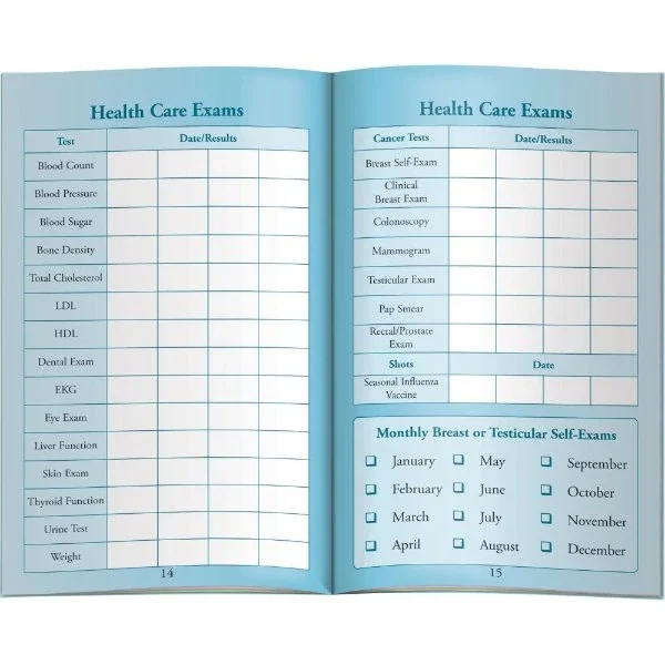 Health Organizer and Medication Tracker booklet open showing medical record fields