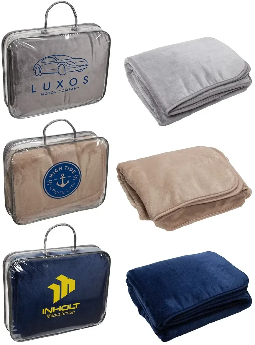 BeWell 50x60 plush flannel blanket with custom logo, front view of branded folded throw