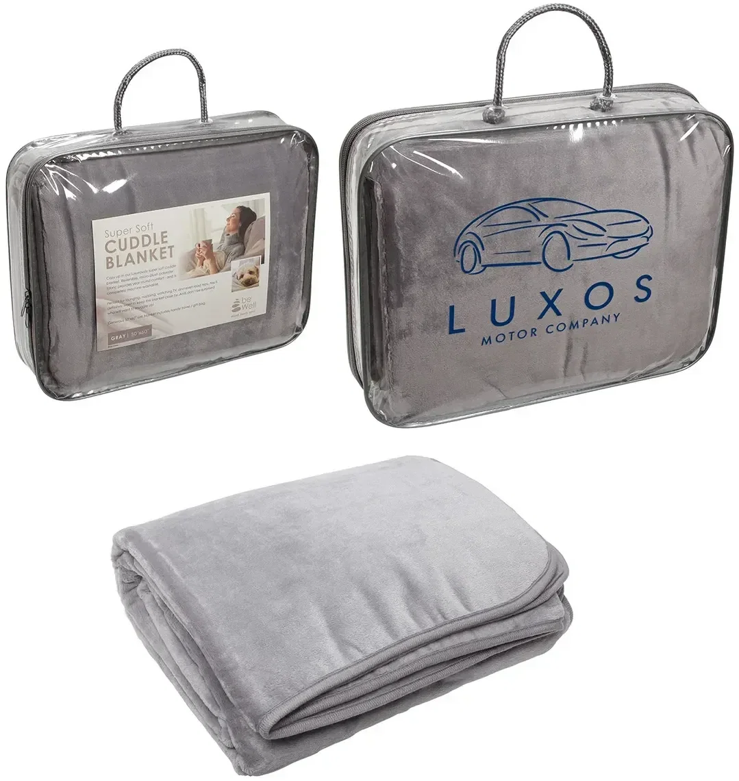Draped view of the promotional BeWell plush flannel blanket