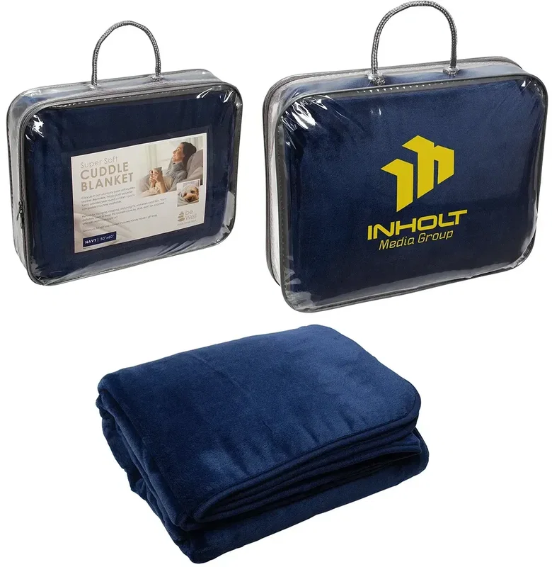 Folded BeWell branded flannel blanket ready for event giveaways