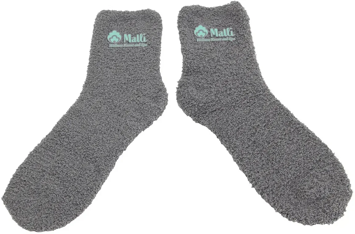 BeWell branded fleece socks in gift packaging, custom cold-weather giveaway socks