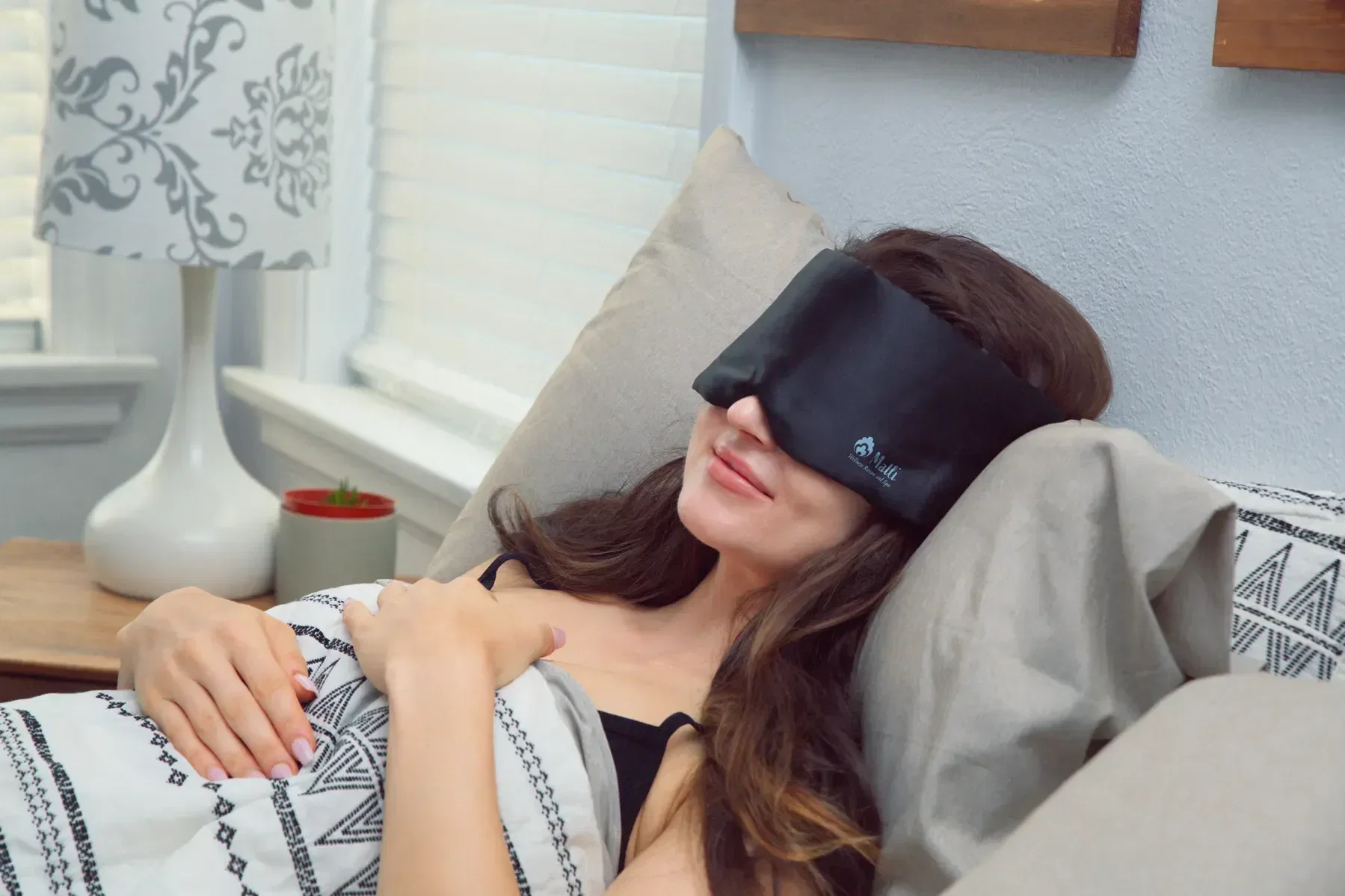 BeWell Serenity Satin Sleep Mask being worn