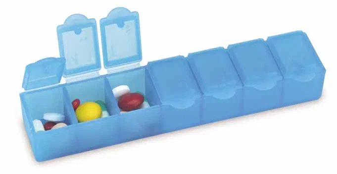 Big-7 Braille All-Week Pill Box. Braille weekly pill box with raised day labels for low-vision accessibility giveaways, view