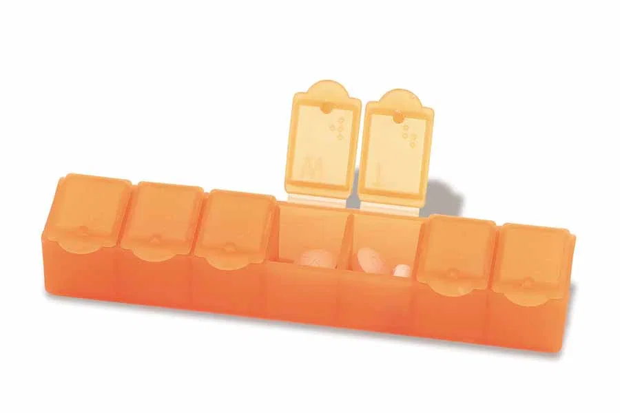 Big-7 Braille All-Week Pill Box. Braille weekly pill box with raised day labels for low-vision accessibility giveaways, view