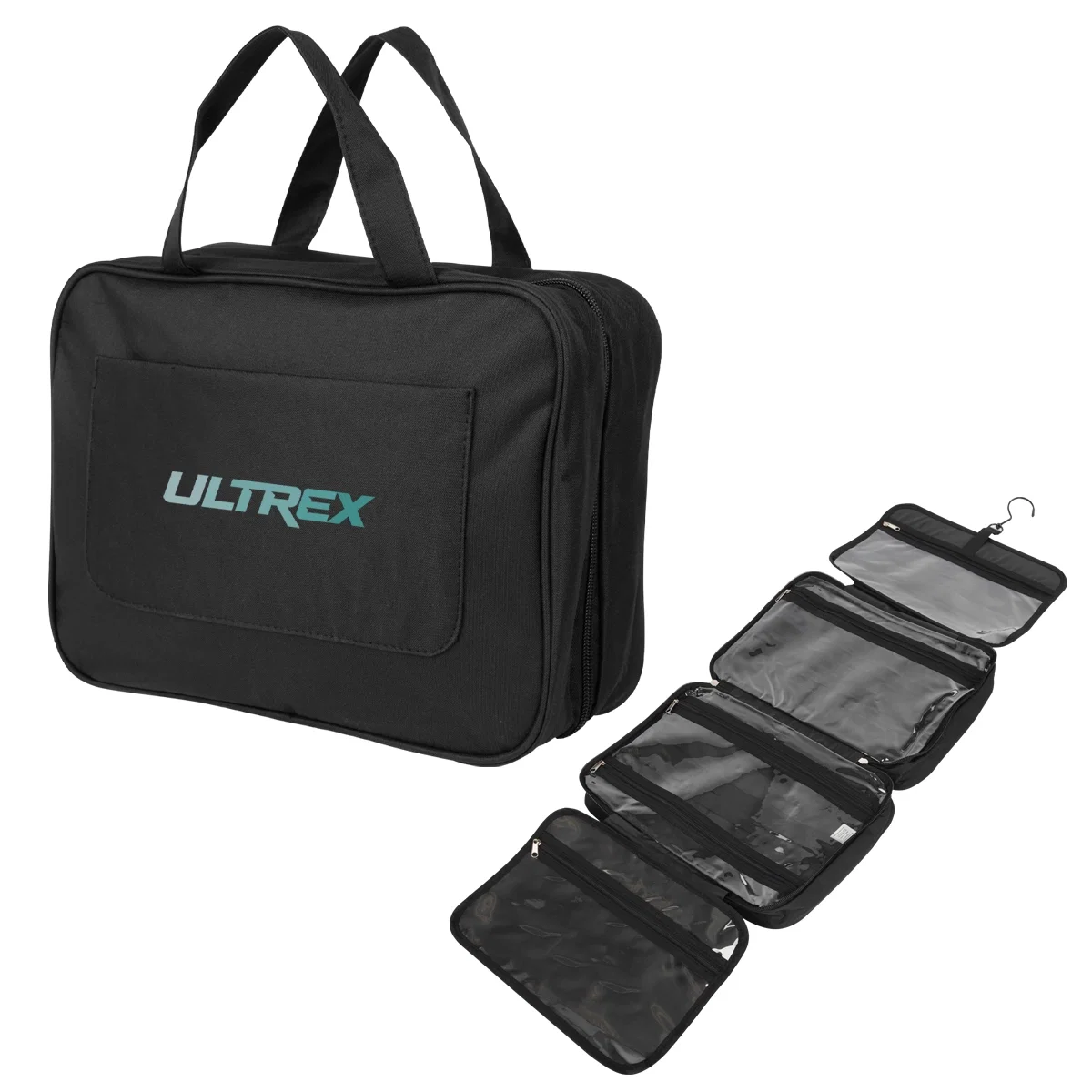 Black hanging toiletry bag with a top handle and zipper