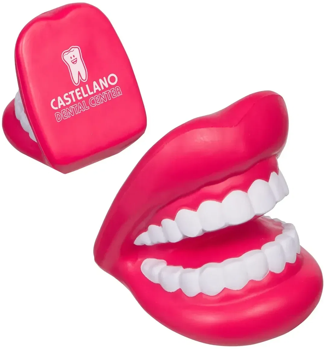 Big Mouth Stress Reliever, custom grinning-teeth foam squeeze toy for branded dental logo giveaways