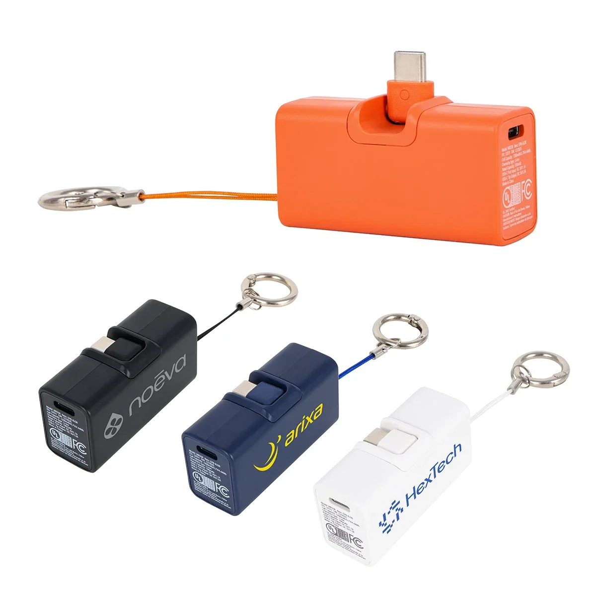 Custom Bijou 1200mAh Power Bank, front view of the branded keyring charger