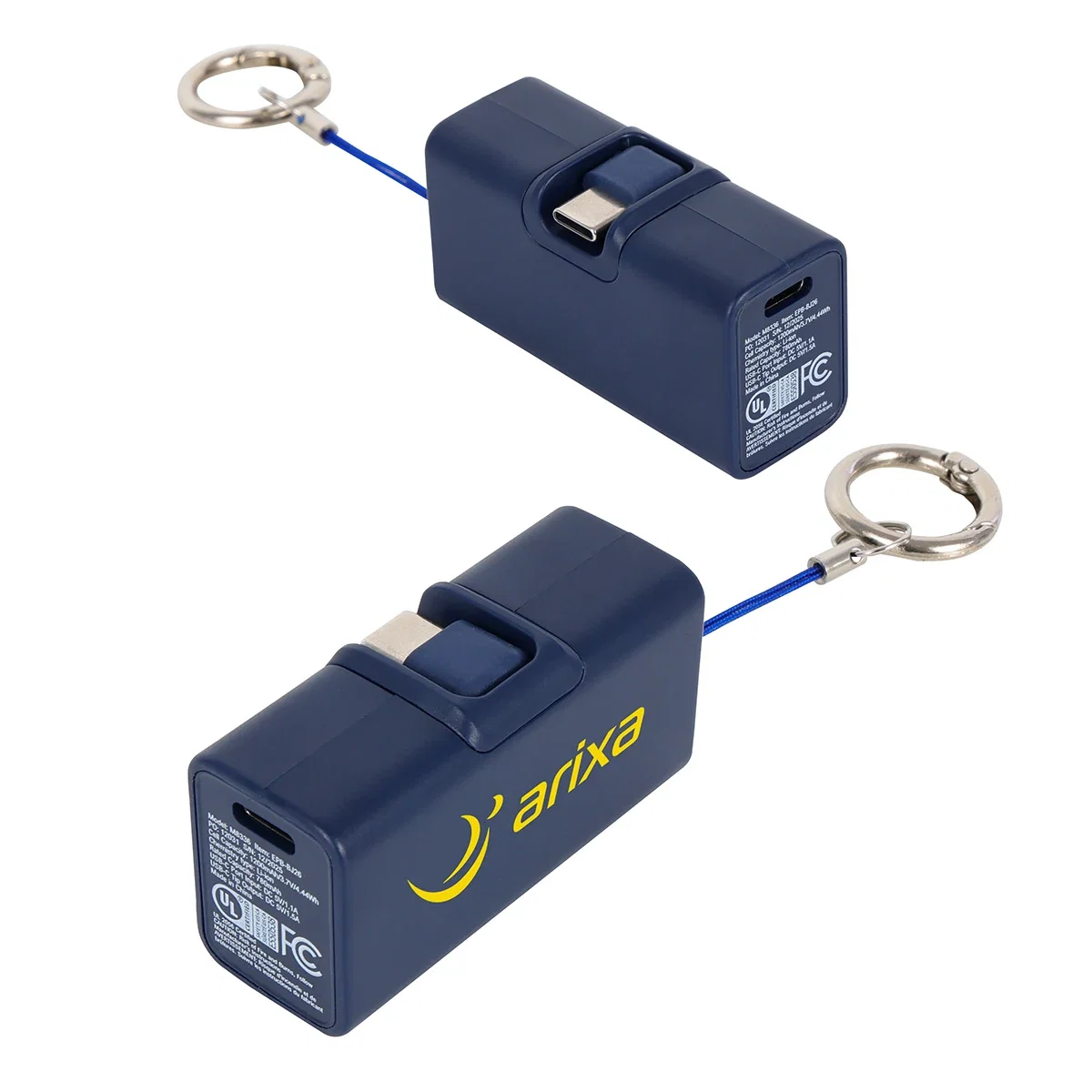 Branded Bijou power bank attached to a keyring, promotional charger in use