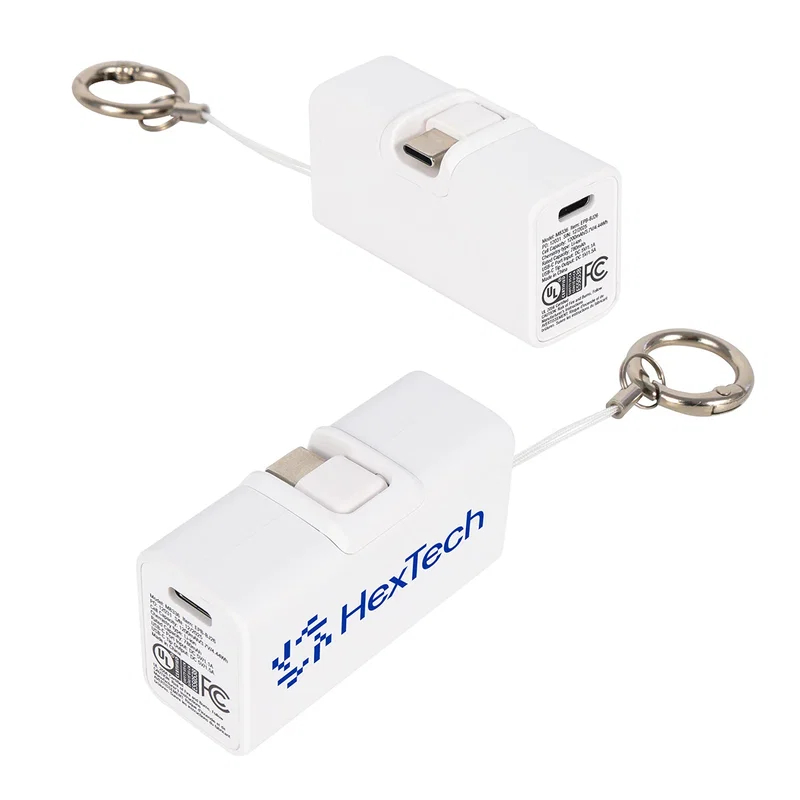 Promotional Bijou 1200mAh Power Bank charging a smartphone, in-use lifestyle shot