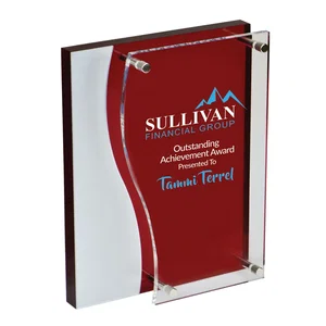 Bilevel Red Acrylic Award, 7.75" x 6" x 1.88", Clear Plate with Standoffs, Laser Engraved