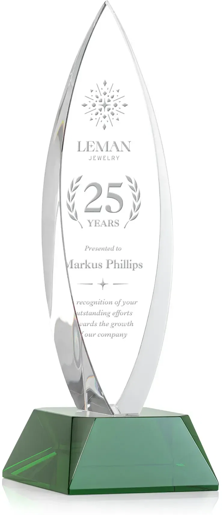 Custom Birchwood Teardrop Custom Crystal Award, in green for retirement presentations
