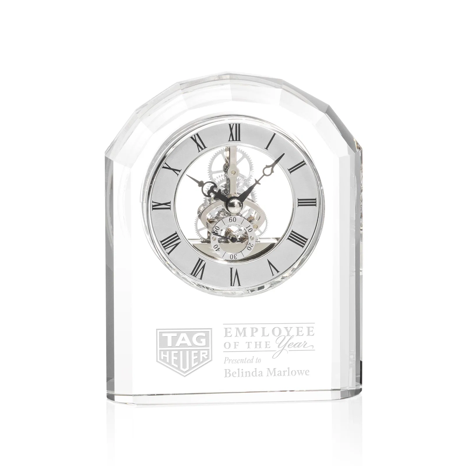 Custom Curved Optical Crystal Desk Clock with Silver Face for employee recognition