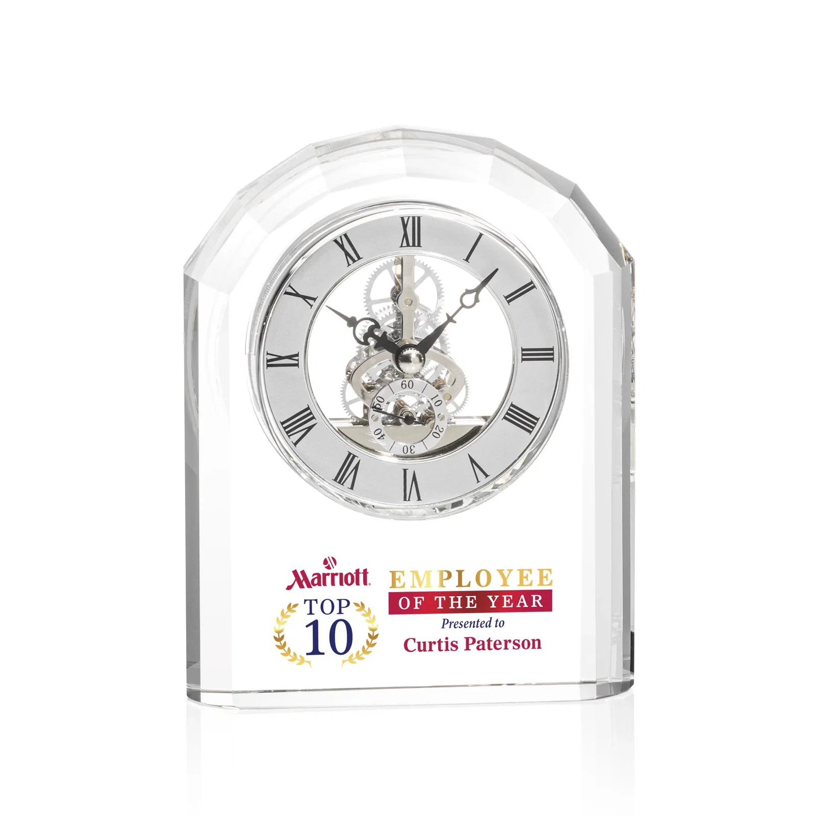 Custom Curved Optical Crystal Desk Clock with Silver Face for corporate award ceremonies