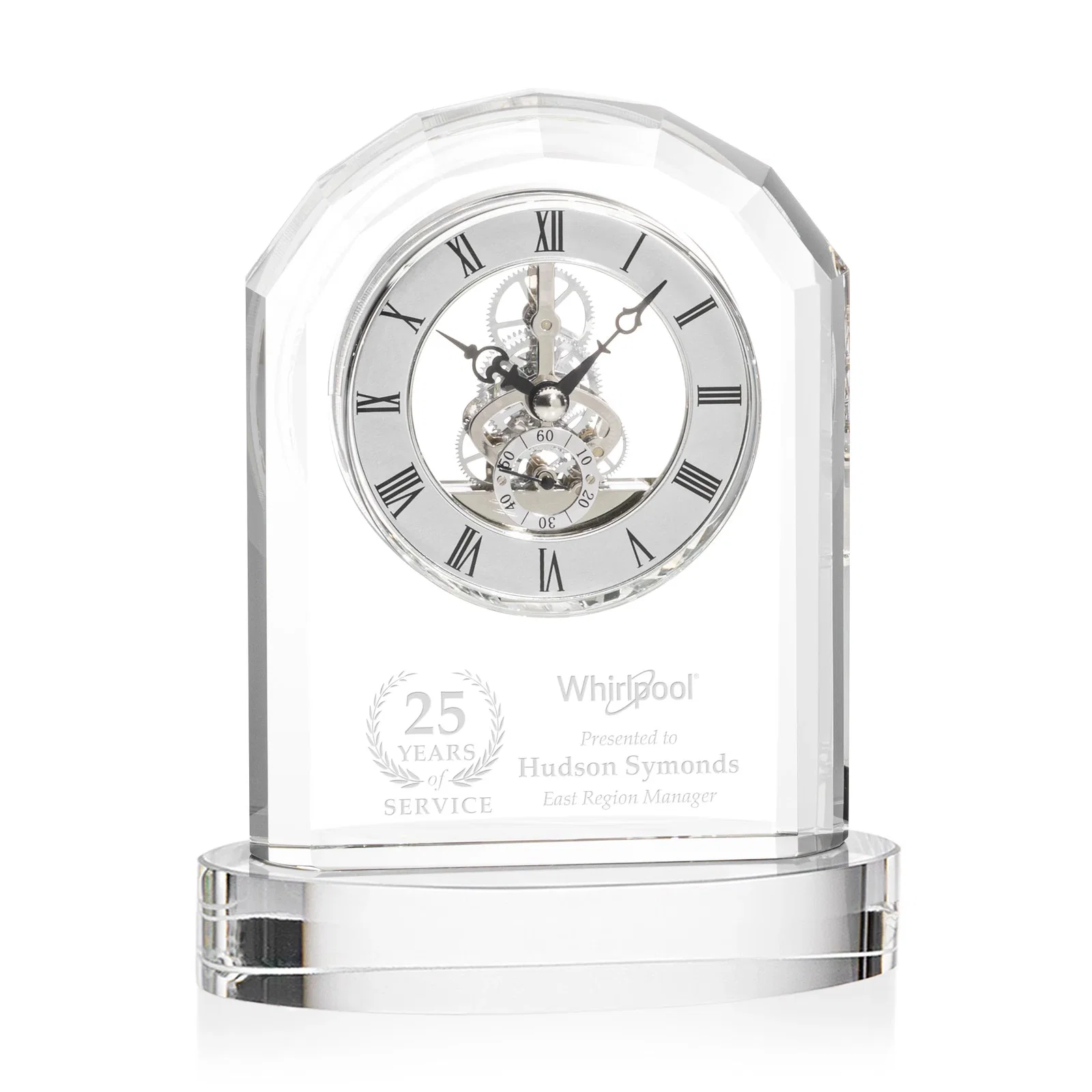 Custom Curved Optical Crystal Clock on Crystal Base for employee recognition
