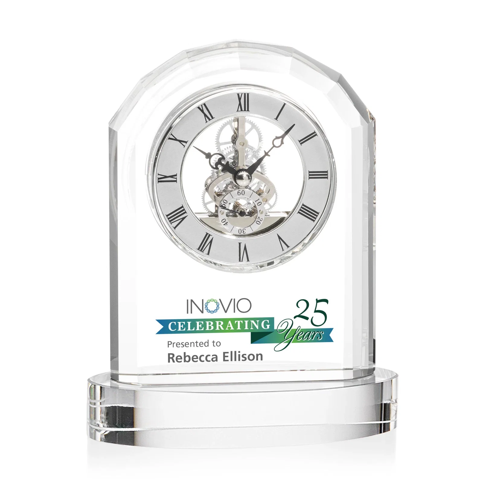 Custom Curved Optical Crystal Clock on Crystal Base for dealer and partner awards