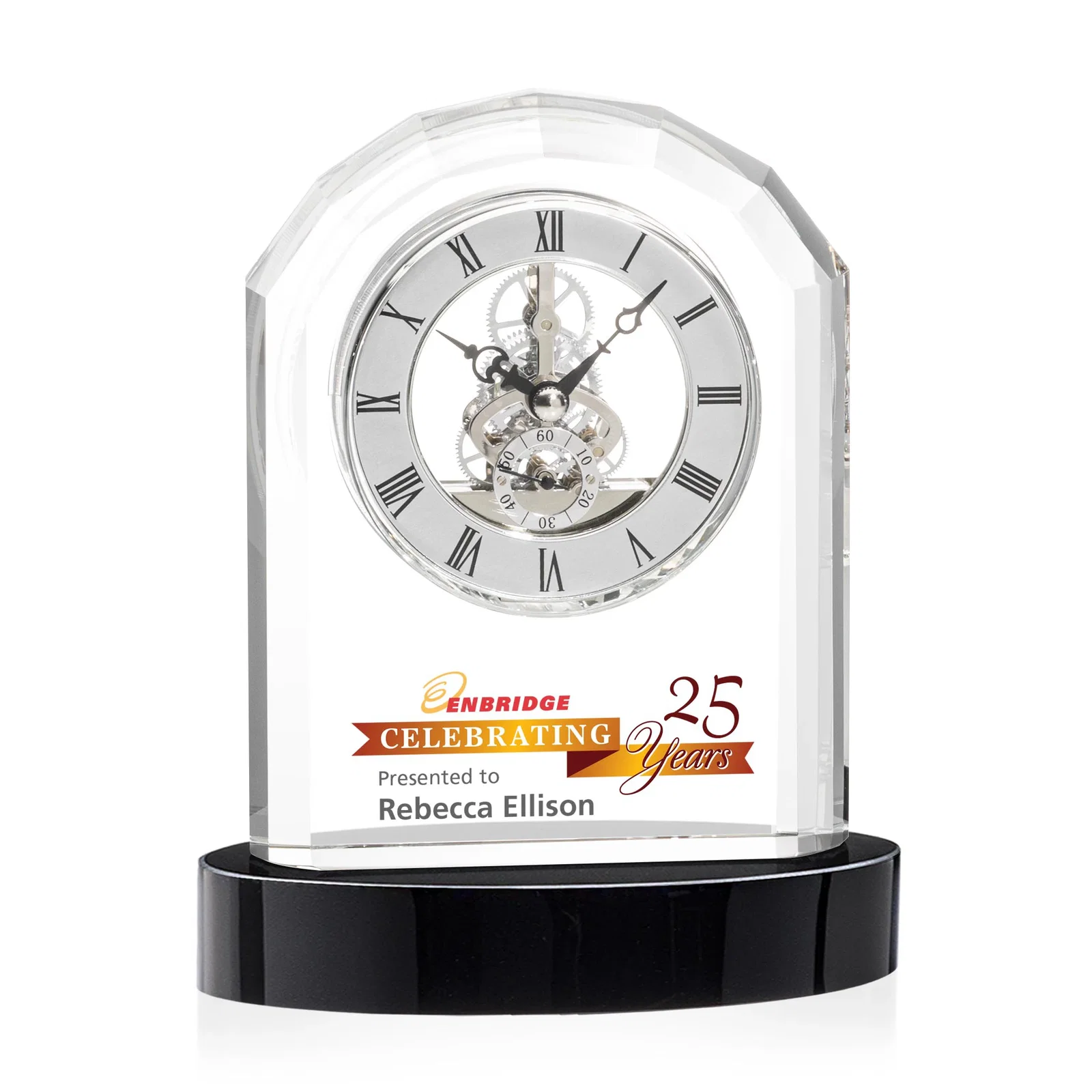 Custom Curved Optical Crystal Clock on Crystal Base for company anniversary events