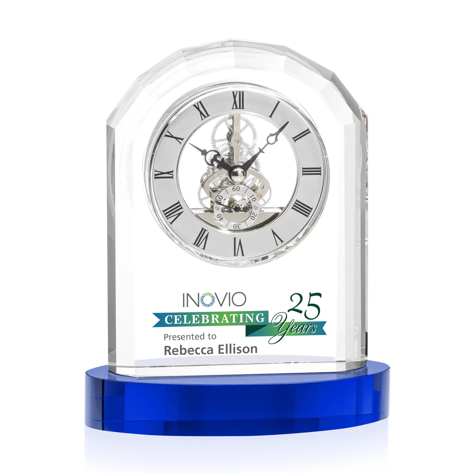 Personalized Curved Optical Crystal Clock on Crystal Base for employee recognition