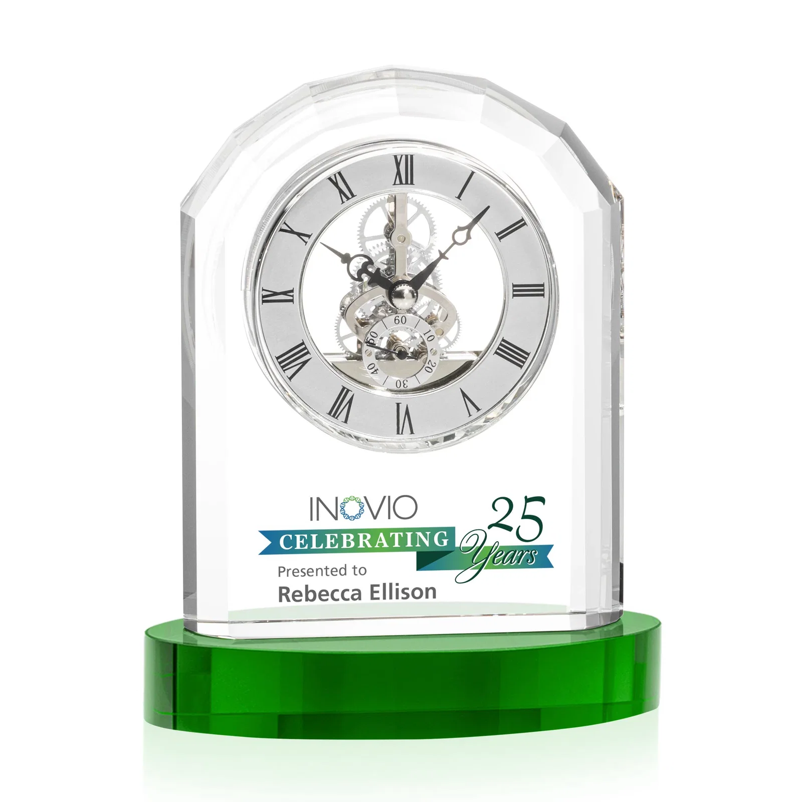 Personalized Curved Optical Crystal Clock on Crystal Base for corporate award ceremonies