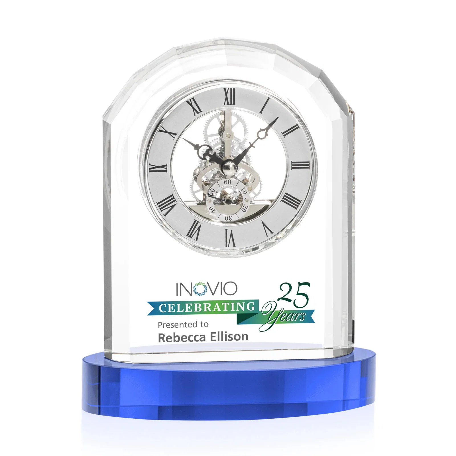 Personalized Curved Optical Crystal Clock on Crystal Base for service anniversary gifts