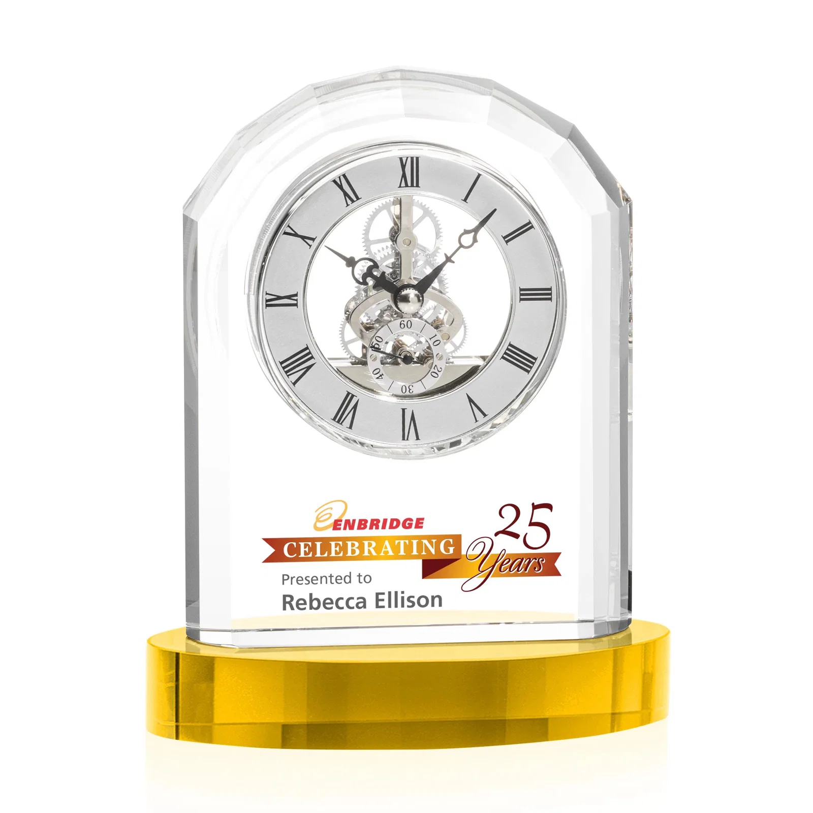 Personalized Curved Optical Crystal Clock on Crystal Base for sales achievement awards