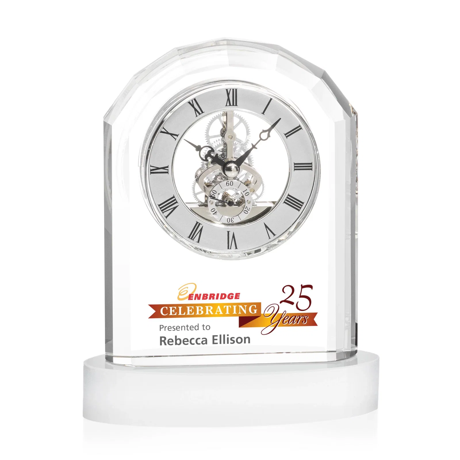 Personalized Curved Optical Crystal Clock on Crystal Base for retirement presentations