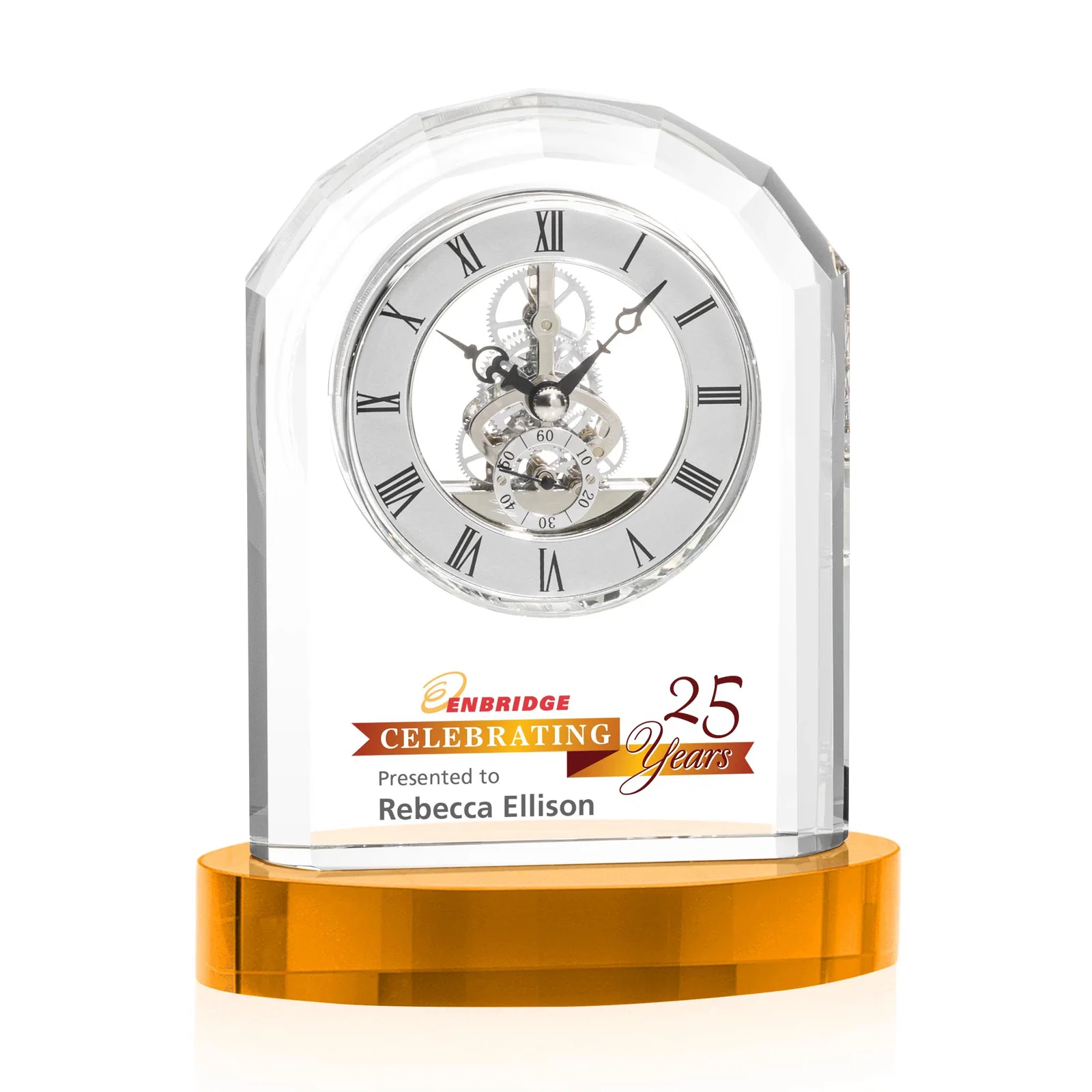 Personalized Curved Optical Crystal Clock on Crystal Base for team milestone celebrations