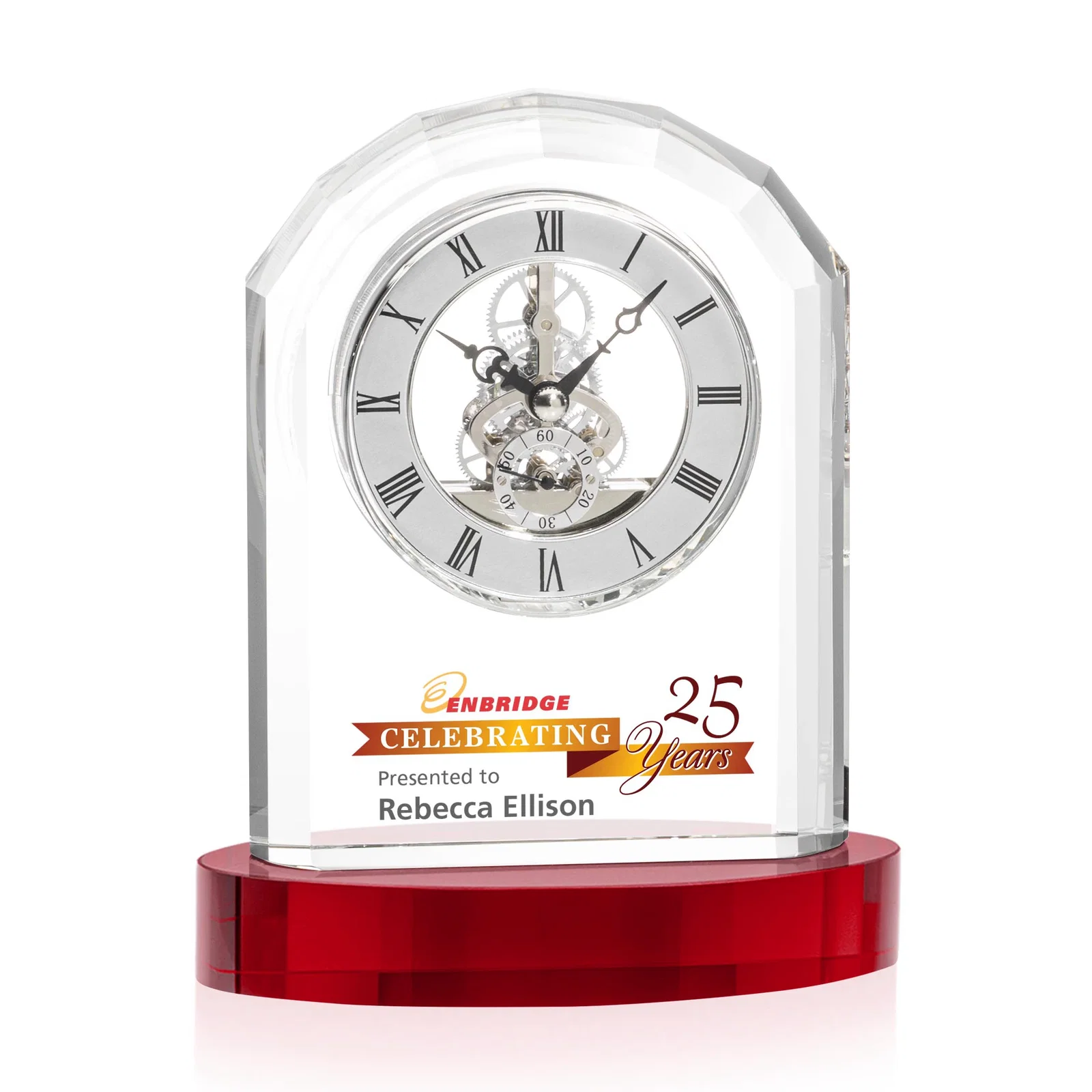 Personalized Curved Optical Crystal Clock on Crystal Base for donor appreciation