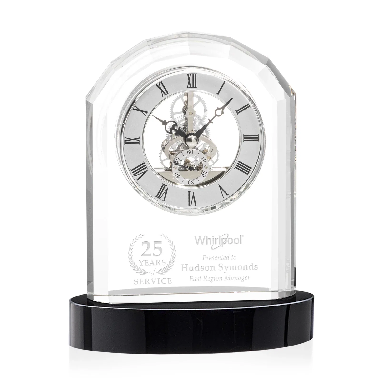 Custom Curved Optical Crystal Clock on Crystal Base for corporate award ceremonies
