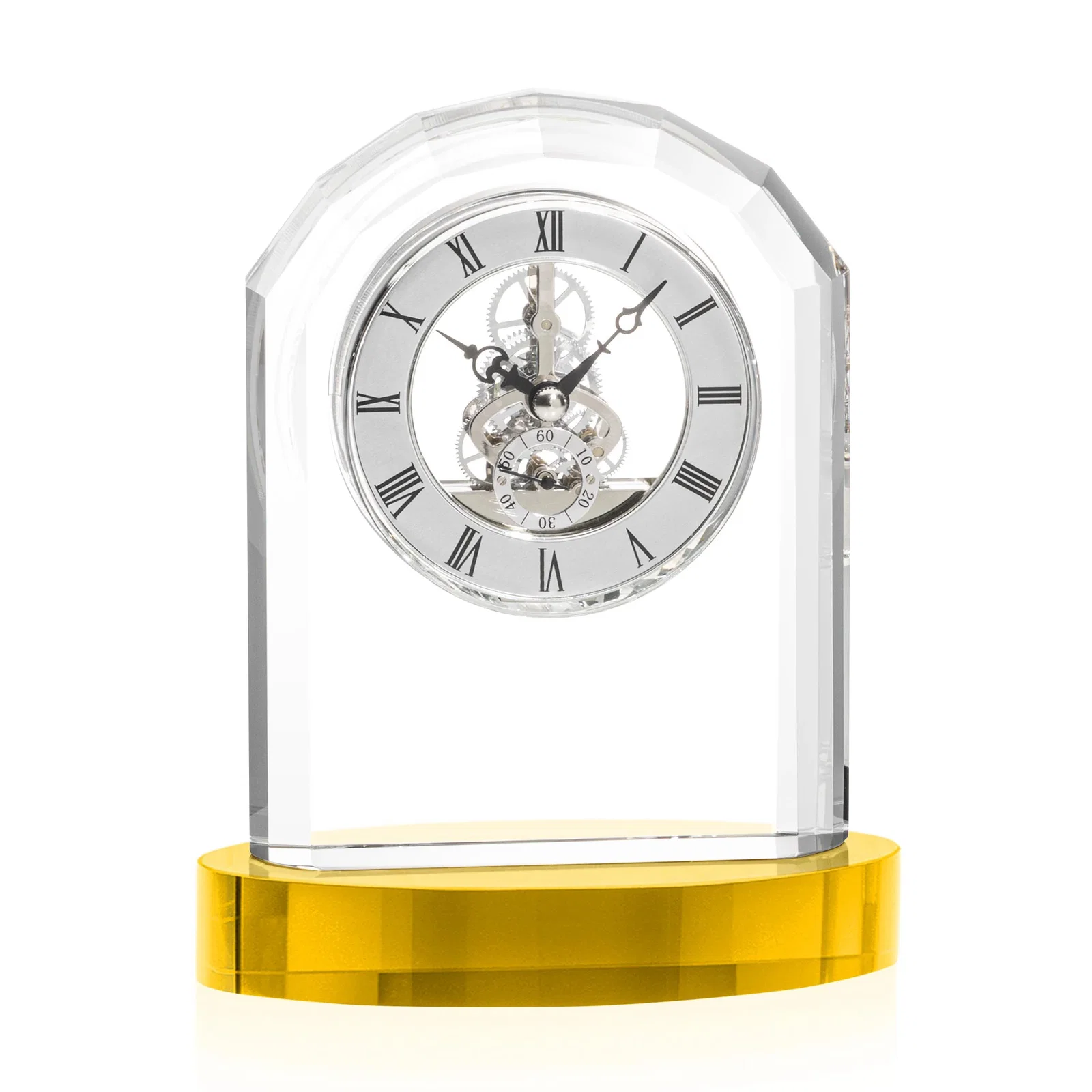 Promotional Curved Optical Crystal Clock on Crystal Base for employee recognition