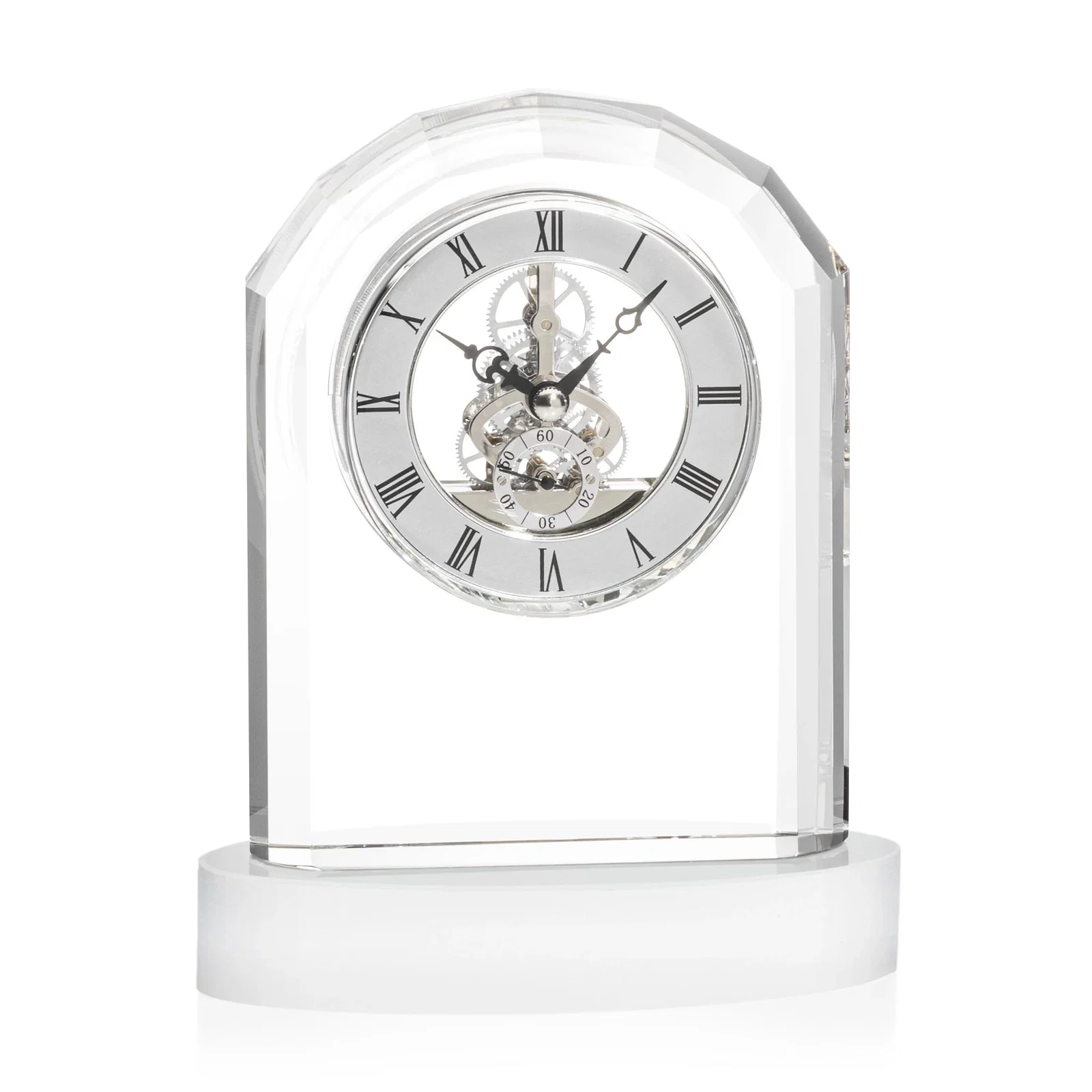 Promotional Curved Optical Crystal Clock on Crystal Base for corporate award ceremonies