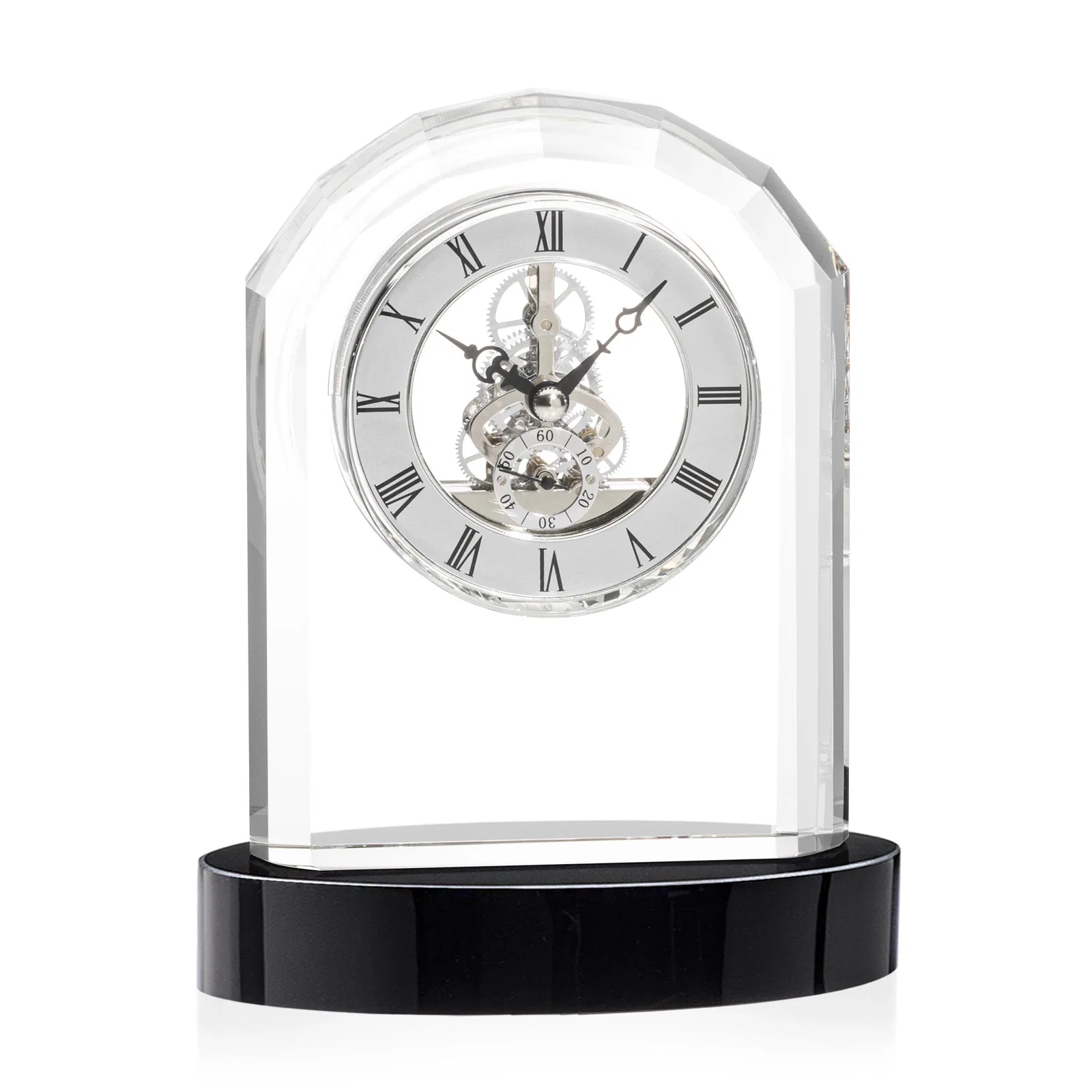 Promotional Curved Optical Crystal Clock on Crystal Base for retirement presentations