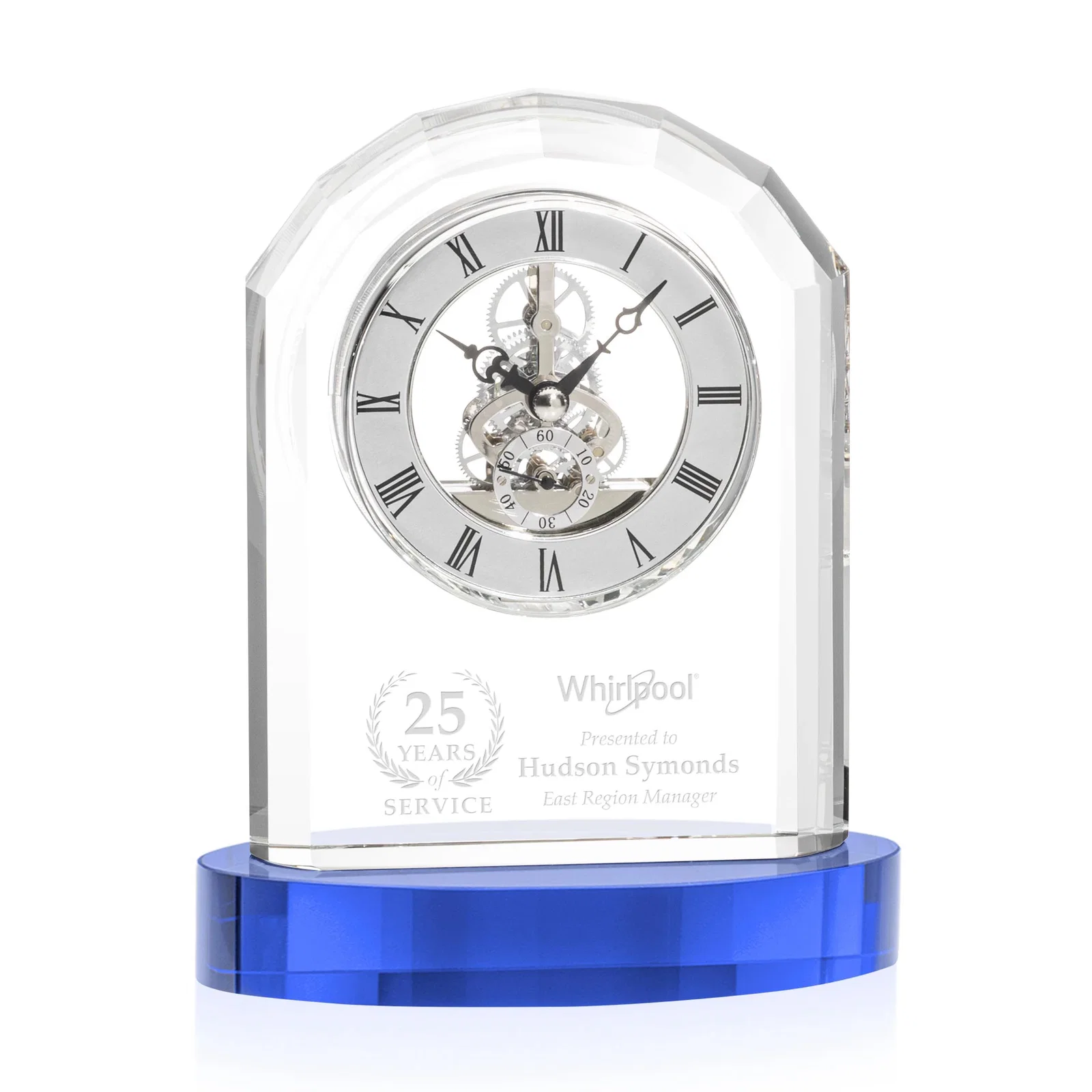 Custom Curved Optical Crystal Clock on Crystal Base for retirement presentations