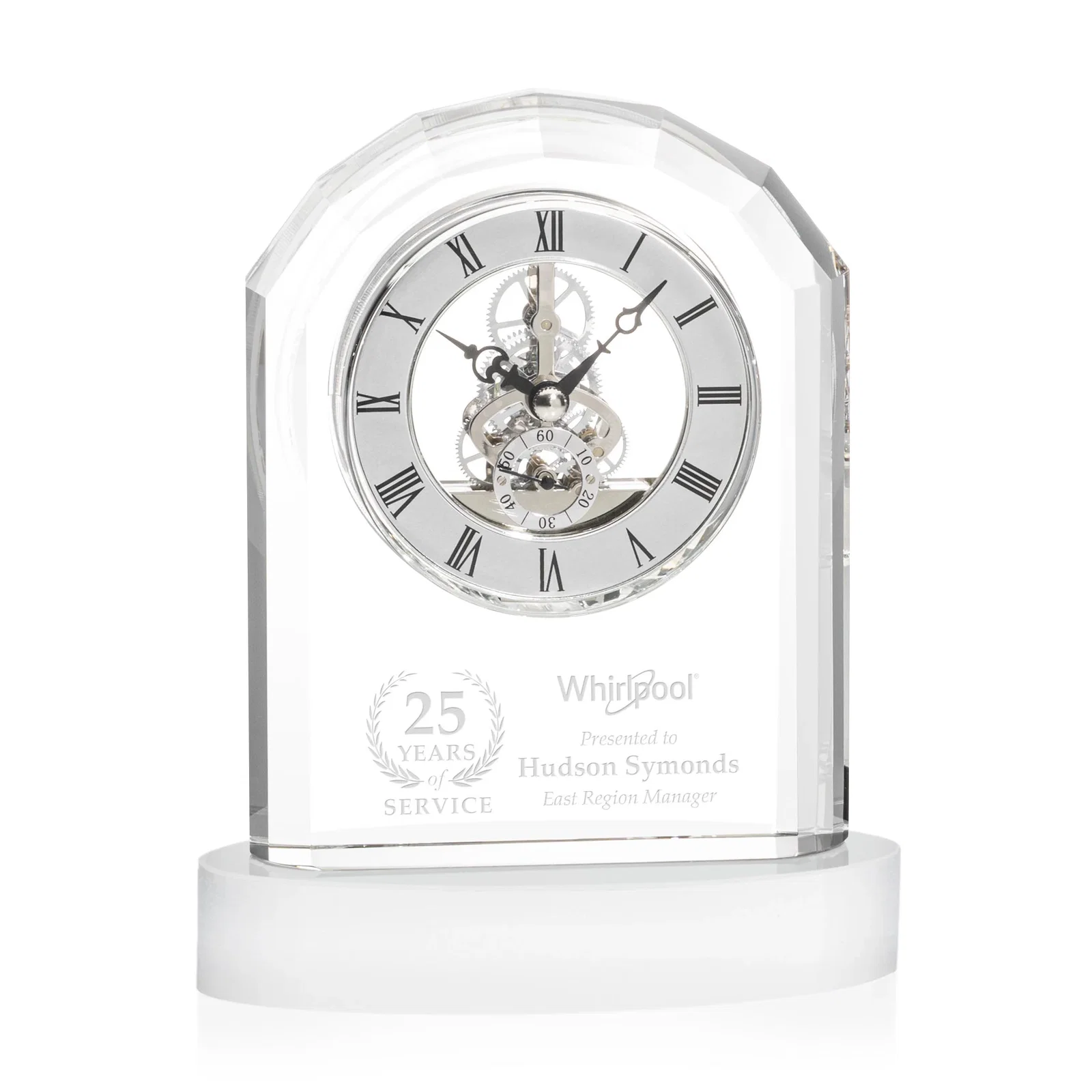Custom Curved Optical Crystal Clock on Crystal Base for donor appreciation