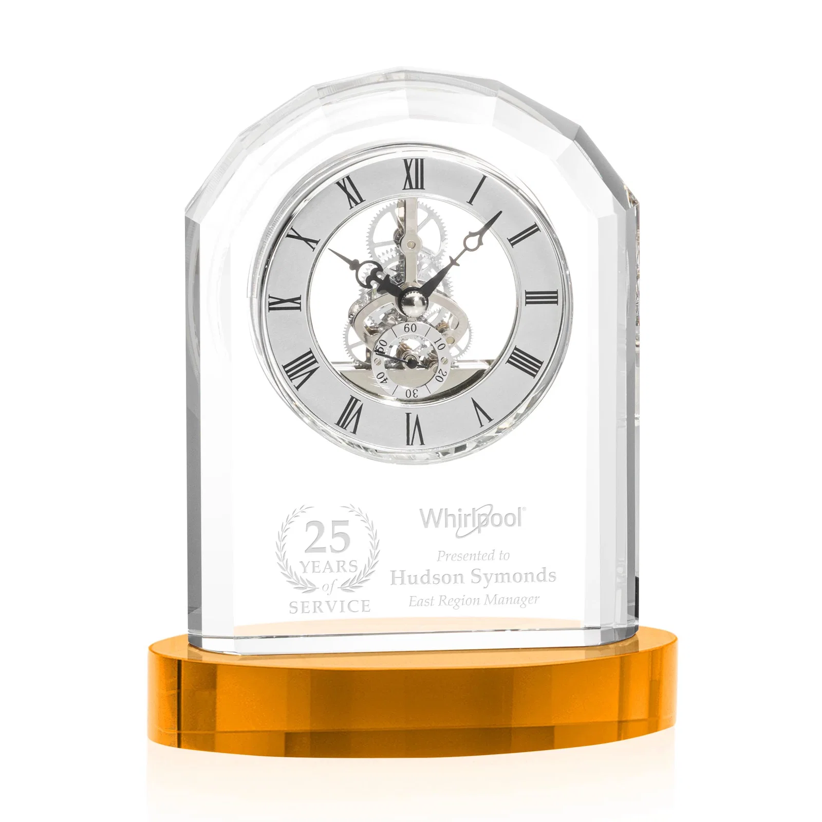 Custom Curved Optical Crystal Clock on Crystal Base for graduation ceremonies