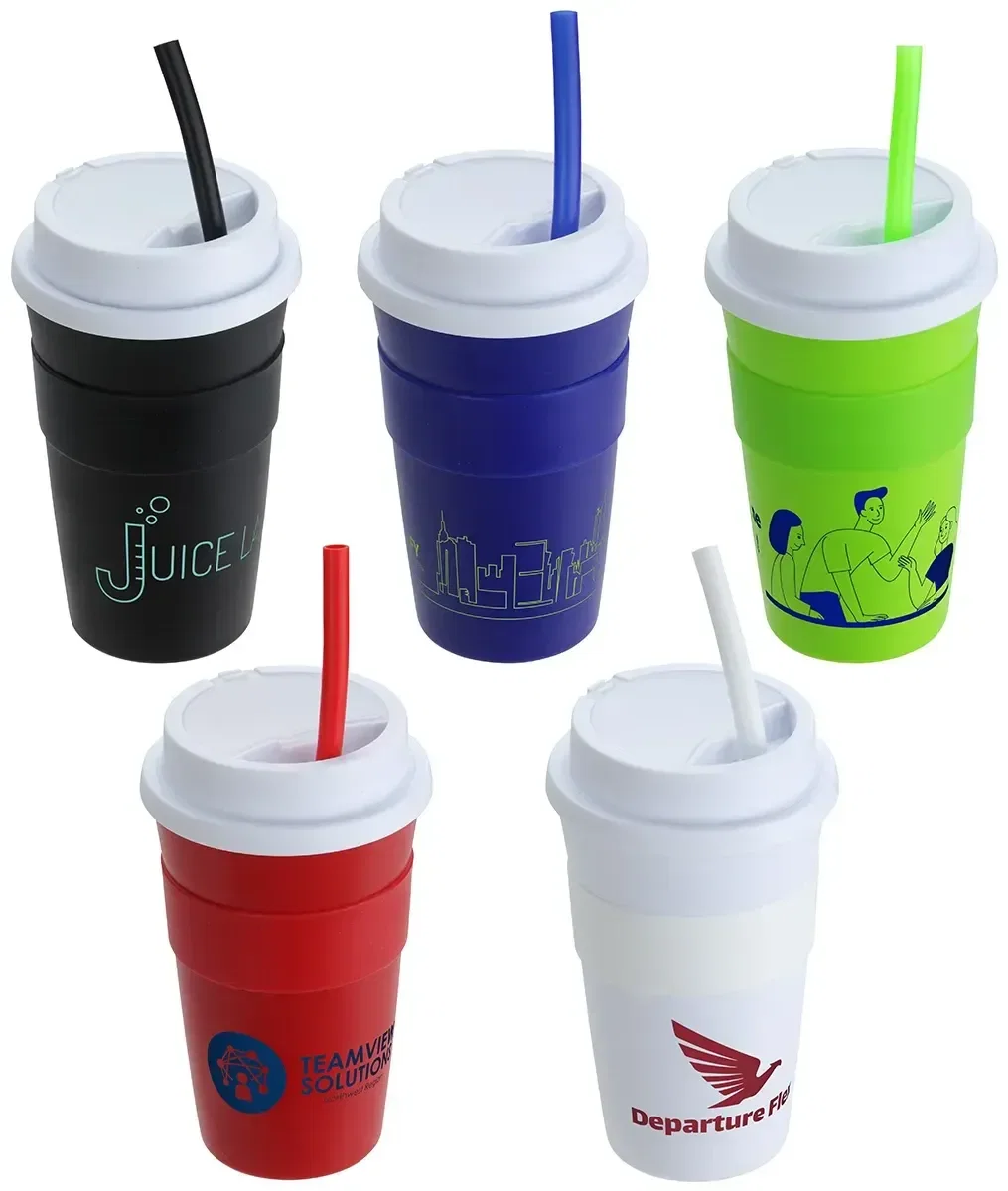 Bistro 14 oz silicone-sleeve coffee cup with custom logo, front view of branded reusable travel mug