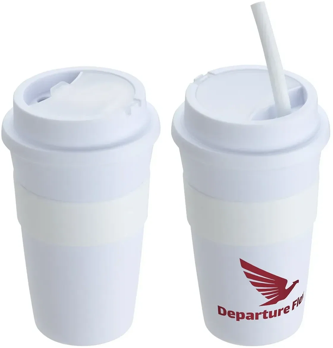 Side profile of the promotional Bistro travel mug showing its grippy silicone sleeve