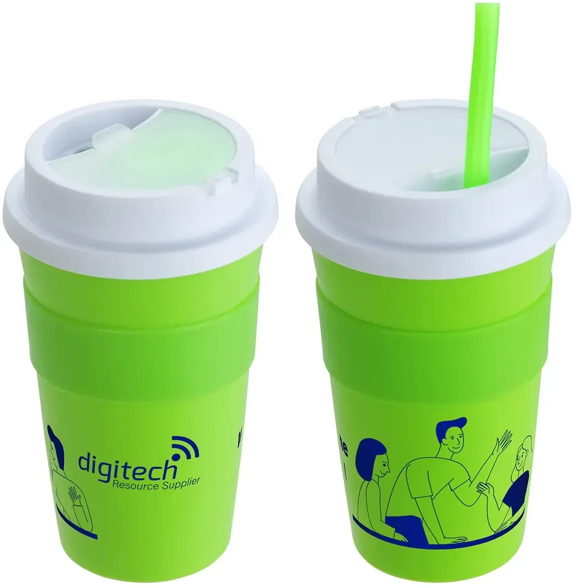 Angled view of the branded Bistro 14 oz silicone-sleeve promotional travel mug