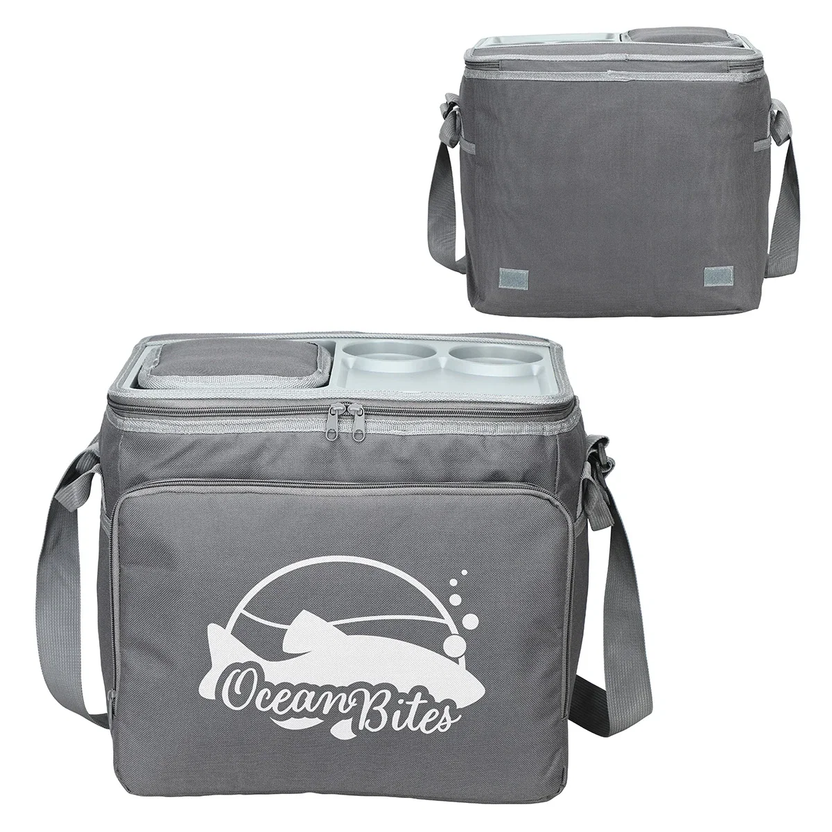 Custom Bivouac 35-Can Collapsible Cooler with Easy-Access Hardshell Top, front view of the branded cooler