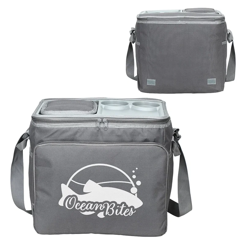 Custom Bivouac 35-Can Collapsible Cooler with Easy-Access Hardshell Top, front view of the branded cooler