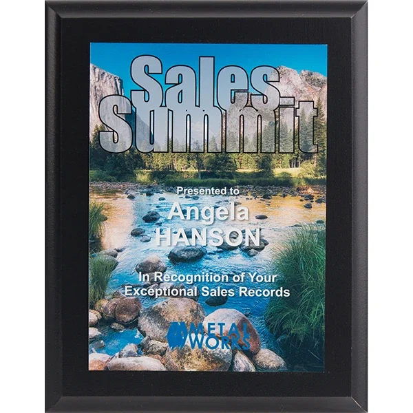 Black frame photo plaque with 5x7 full-color sublimated plate, simulated wood panel
