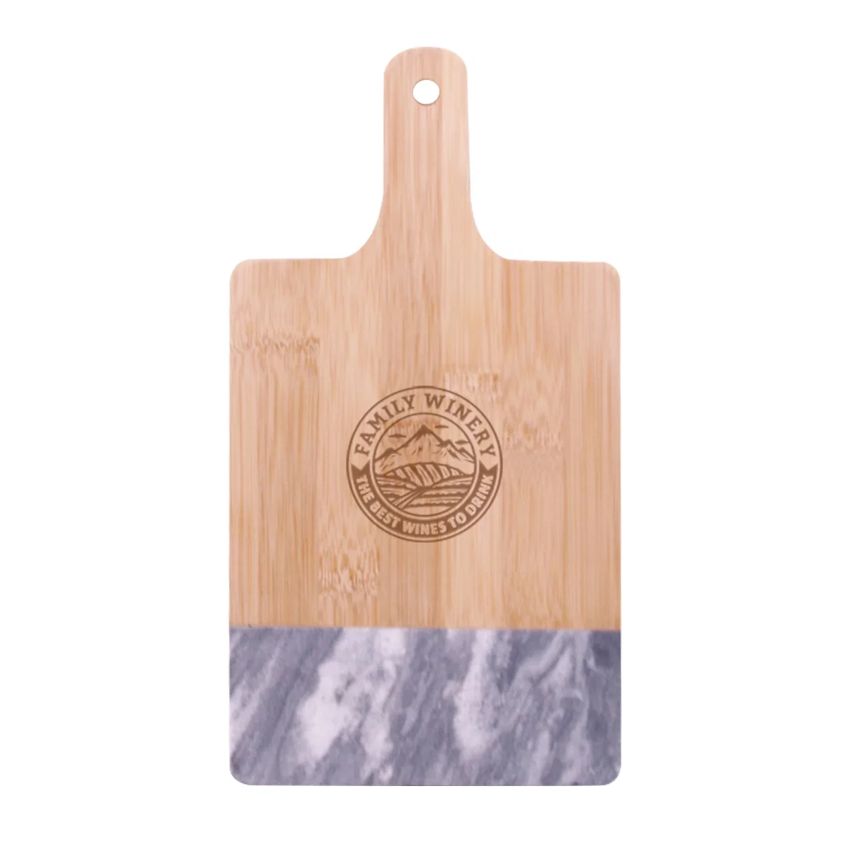 Marble and bamboo serving board measuring six by eleven inches