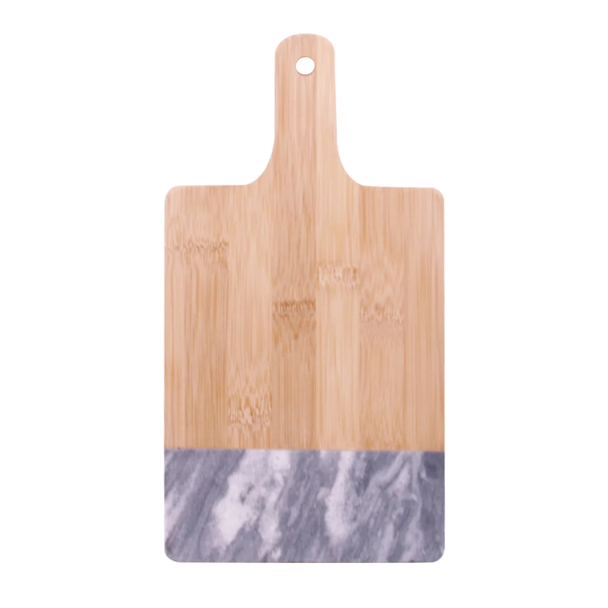 Black stone surface paired with a warm wooden base