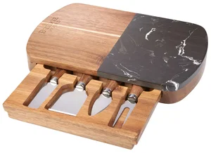 Black Marble and Acacia Cheese Board Set with Knives