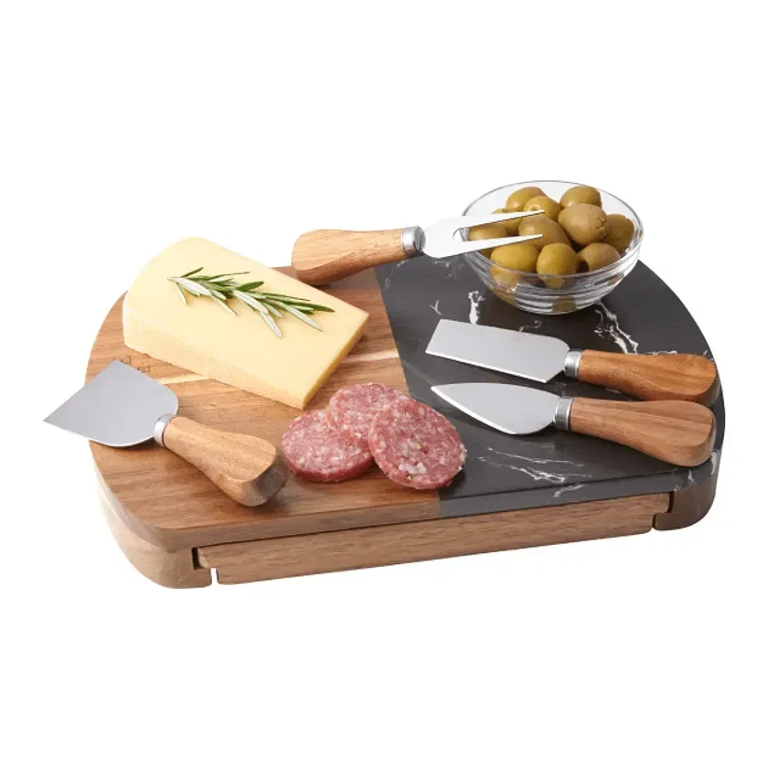 Personalized Black Marble and Acacia Cheese Board Set with Knives — view 2