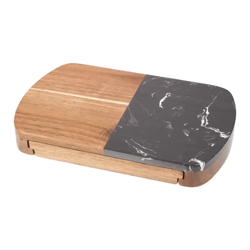 Personalized Black Marble and Acacia Cheese Board Set with Knives — view 5