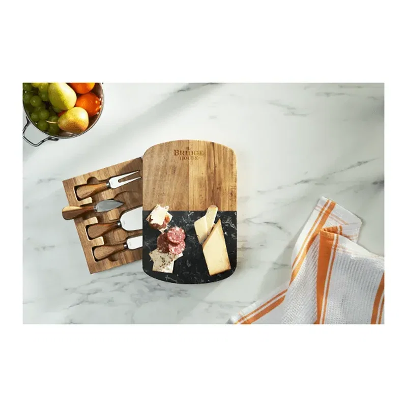 Personalized Black Marble and Acacia Cheese Board Set with Knives — view 8