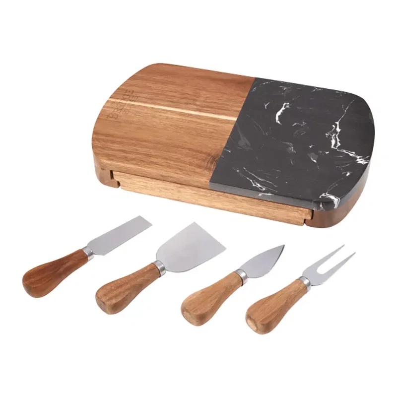 Personalized Black Marble and Acacia Cheese Board Set with Knives — view 9