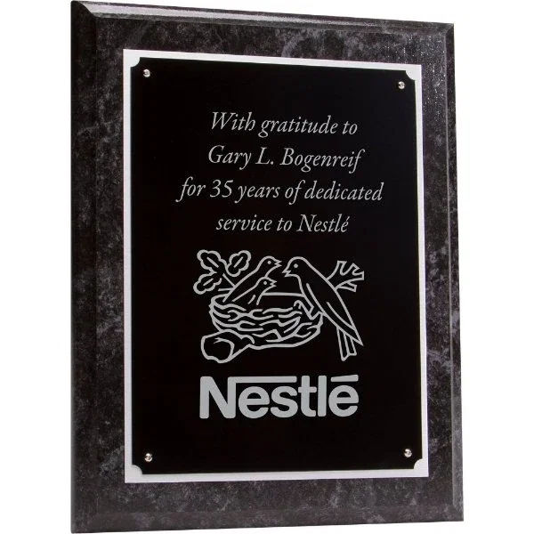 Black marble finish award plaque with lasered black plate on silver aluminum backing