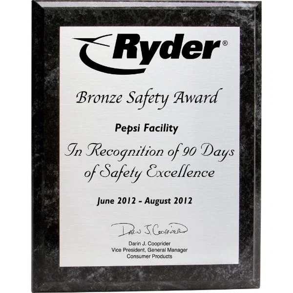 Black marble finish award plaque with 6x8 silver aluminum plate, wood recognition award