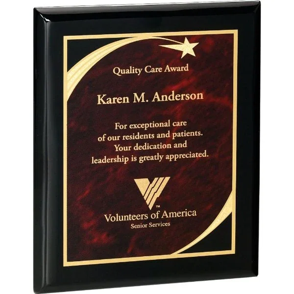Black piano-finish shooting-star award plaque with lasered black and burgundy marble plate